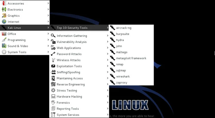 Escritorio del sistema operativo Kali Linux