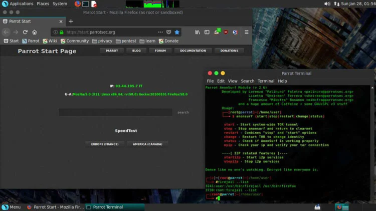 Escritorio del sistema operativo Parrot Sec