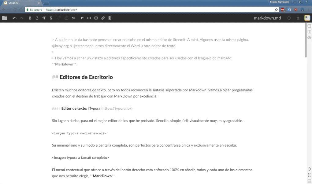 El editor de Markdown Stack Edit, uno de los mejores editores de Markdown del mundo