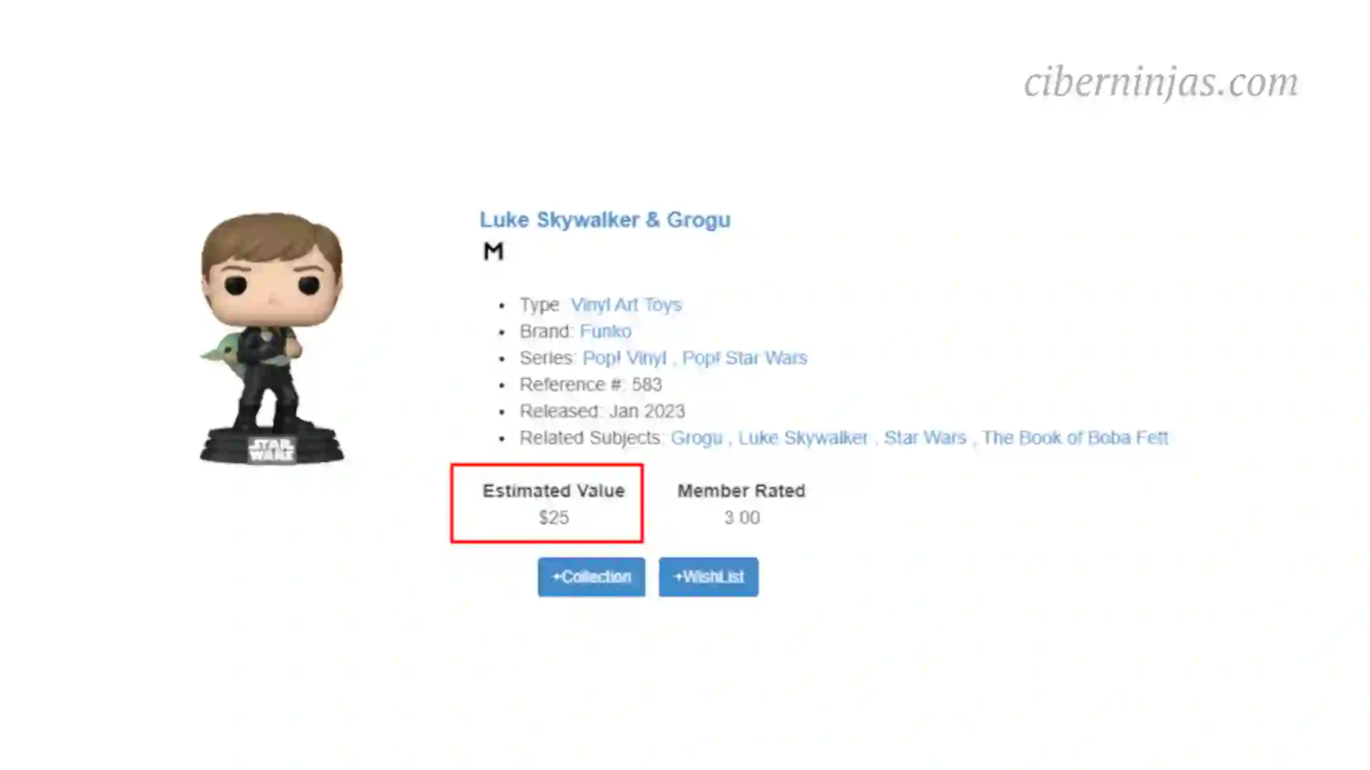 Precio de valoración de 25 euros de este funko pop de luke skywalker con grogu, en la base de datos del valor de los Funko Pop