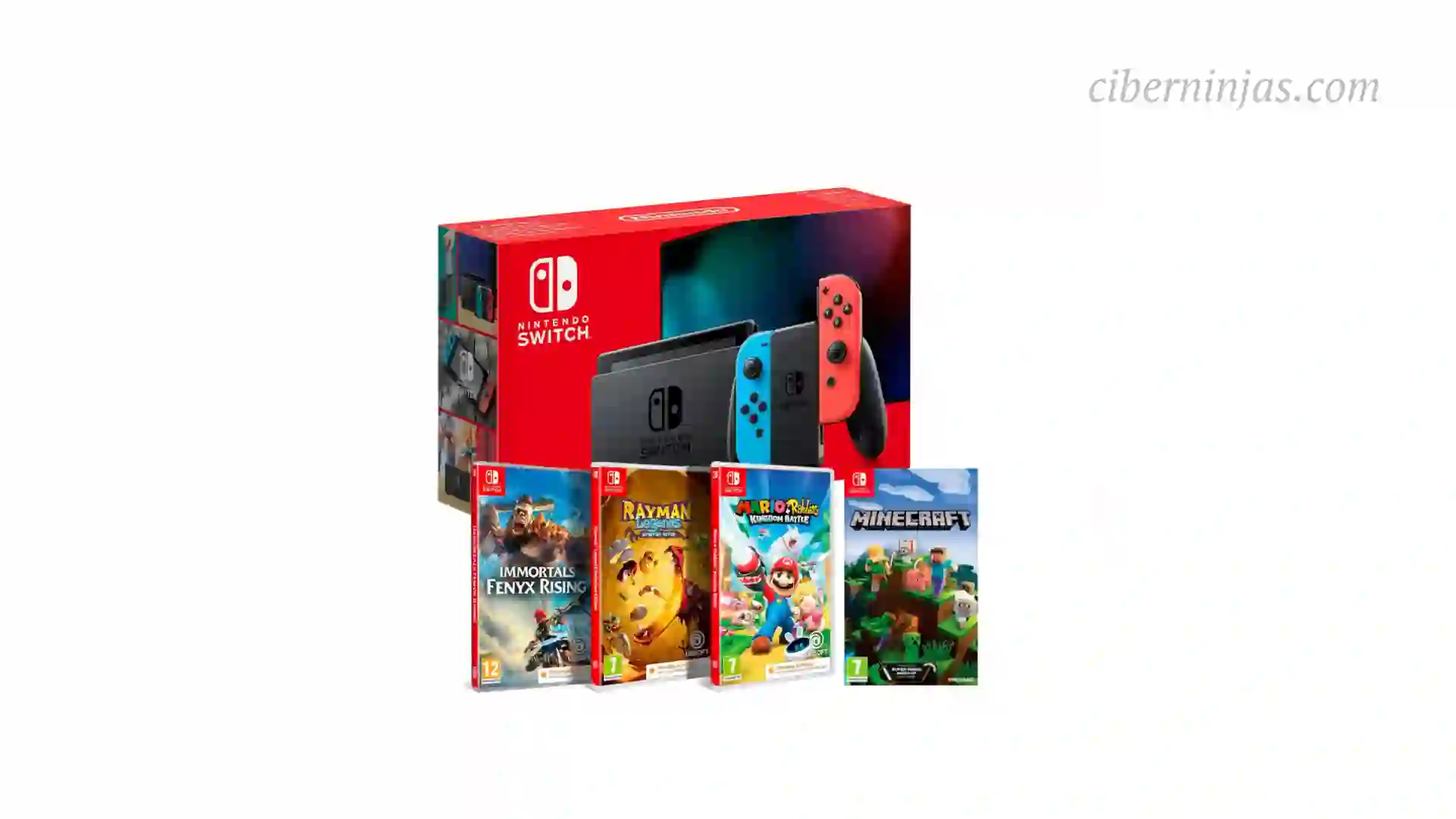 Regalo de Reyes de Última Hora: Consola Switch Neón + Immortals Fenyx Rising + Rayman Legends + Mario Rabbids + Minecraft