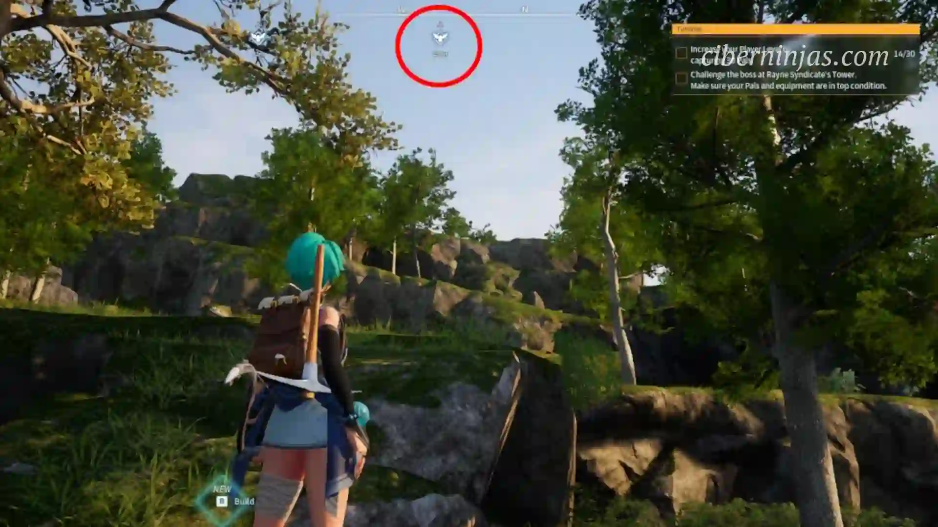 Señal de la brújula con la indicación de las torres de viaje rápido dentro del juego que se visualizan a menos de 300 metros